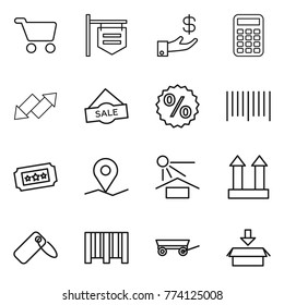 Thin line icon set : cart, shop signboard, investment, calculator, up down arrow, sale, percent, bar code, ticket, geo pin, sun potection, cargo top sign, label, trailer, package