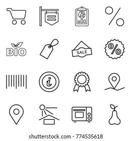Thin line icon set : cart, shop signboard, report, percent, bio, label, sale, bar code, info, medal, geo pin, sun potection, grill oven, pear