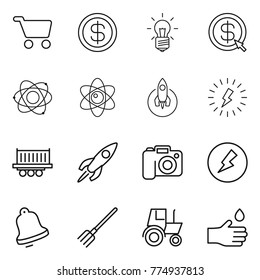 Thin line icon set : cart, dollar, bulb, arrow, atom, rocket, lightning, truck shipping, camera, electricity, bell, fork, tractor, hand drop