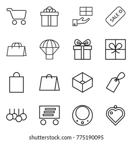 Thin line icon set : cart, gift, sale, shopping bag, parachute, box, label, delivery, necklace, heart pendant