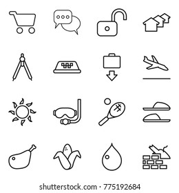Thin line icon set : cart, discussion, unlock, houses, drawing compasses, taxi, baggage get, arrival, sun, diving mask, tennis, slippers, chicken leg, corn, drop, construct garbage
