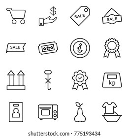 Thin line icon set : cart, investment, sale label, ticket, info, medal, cargo top sign, do not hook, heavy, identity card, grill oven, pear, handle washing