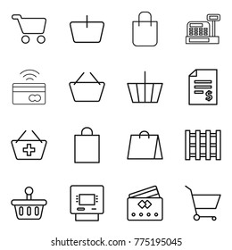 Thin Line Icon Set : Cart, Basket, Shopping Bag, Cashbox, Tap To Pay, Account Balance, Add, Pallet, Atm, Credit Card