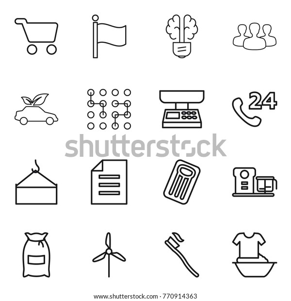 Thin line icon set : cart, flag, bulb brain,\
group, eco car, chip, market scales, phone 24, loading crane,\
document, inflatable mattress, food processor, flour, windmill,\
tooth brush, handle\
washing
