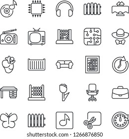 Thin Line Icon Set - case vector, abacus, desk, fence, butterfly, real heart, cargo container, tulip, radio, tv, headphones, cut, music, office chair, cushioned furniture, restaurant table, chip