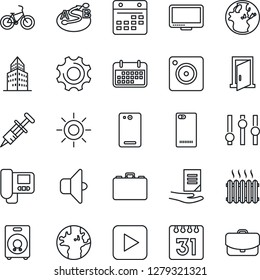 Thin Line Icon Set - case vector, document, sun, syringe, bike, earth, term, route, settings, monitor, speaker, play button, phone back, mobile camera, calendar, office building, heater, intercome