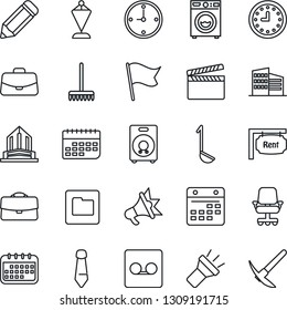 Thin Line Icon Set - case vector, pennant, tie, pencil, rake, clock, term, clapboard, speaker, record, folder, calendar, torch, rent, office building, washer, ladle, chair, flag, advertising