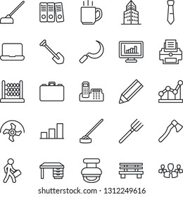 Thin Line Icon Set - case vector, desk, job, farm fork, ripper, hoe, sickle, axe, bench, coffee, monitor statistics, office building, bar graph, abacus, phone, point, paper binder, printer, tie