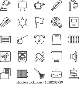 Thin Line Icon Set - case vector, presentation board, fence, rake, watering can, thermometer, satellite, container, speaker, alarm, cut, copybook, document folder, desk lamp, stapler, bathroom, flag