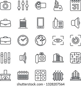 Thin Line Icon Set - case vector, calendar, camera, speaker, settings, video, radio phone, mobile, eye id, application, clock, fireplace, heater, city house, chip, sound, scan, earth