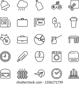 Thin Line Icon Set - case vector, mouse, desk, rain, dropper, thermometer, clock, flame disk, news, gamepad, hdmi, bell, cut, pie graph, rent, heater, hamburger, cutting board, turkish coffee