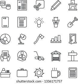 Thin Line Icon Set - Case Vector, Document, Circle Chart, Flower In Pot, Shovel, Lawn Mower, Sun, Axe, Fireplace, Blood Pressure, Signpost, Client, Sorting, Phone Back, Cut, Coffee, Manager Desk