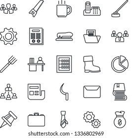 Thin Line Icon Set - case vector, team, farm fork, boot, saw, hoe, sickle, settings, coffee, drawing pin, pie graph, news, document folder, abacus, office phone, manager desk, tie, hierarchy, book
