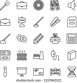 Thin Line Icon Set - case vector, office binder, document, presentation board, pencil, printer, farm fork, hoe, dropper, signpost, rack, vinyl, speaker, chain, mail, calculator, stopwatch, blank box