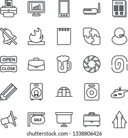 Thin Line Icon Set - case vector, notepad, presentation board, pencil, printer, greenhouse, support, flammable, loudspeaker, speaker, mobile, camera, mute, application, monitor statistics, contract