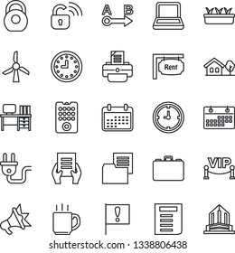Thin Line Icon Set - case vector, desk, document, printer, seedling, important flag, clock, folder, heavy, route, calendar, coffee, notebook pc, house with tree, rent, vip zone, power plug, windmill