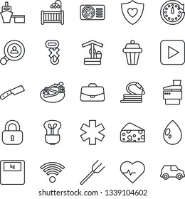 Thin Line Icon Set - case vector, farm fork, water drop, well, hose, heart pulse, scales, ambulance star, shield, sea port, no hook, route, play button, copier, client search, lock, children room