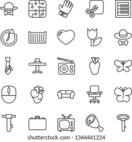 Thin Line Icon Set - case vector, mouse, tie, glove, butterfly, real heart, cargo container, tulip, radio, cut, abacus, office chair, cushioned furniture, tv, restaurant table, dress code, ham, chip