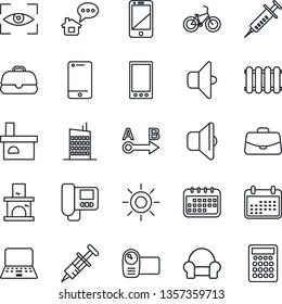 Thin Line Icon Set - case vector, notebook pc, sun, fireplace, syringe, bike, route, video camera, cell phone, mobile, cushioned furniture, city house, intercome, radiator, sound, eye scan, calendar