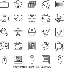Thin Line Icon Set - case vector, abacus, mouse, tie, butterfly, real heart, satellite, cargo container, tv, headphones, cut, music, restaurant table, dress code, ham, chip