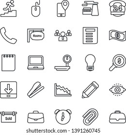 Thin Line Icon Set - case vector, team, mouse, notepad, document, bulb, factory, pencil, 24 hours, mobile tracking, heavy scales, laptop pc, call, alarm, download, eye id, paper clip, career ladder