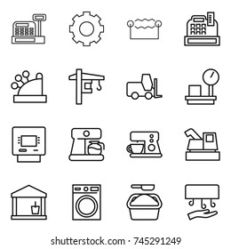thin line icon set : cashbox, gear, electrostatic, tower crane, fork loader, warehouse scales, atm, coffee maker, harvester, utility room, washing machine, powder, hand dryer