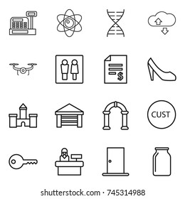 thin line icon set : cashbox, atom, dna, cloude service, drone, wc, account balance, shoes, castle, garage, arch, customs, key, reception, door, bank