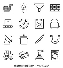 thin line icon set : cashbox, bulb, funnel, brick wall, transporter tape, barometer, washing machine, toaster, satellite antenna, pan, knife, horseshoe, tractor, sponge with foam, plunger