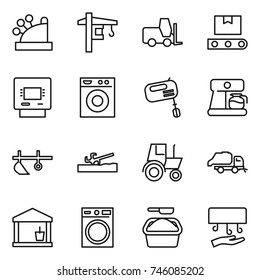 thin line icon set : cashbox, tower crane, fork loader, transporter tape, atm, washing machine, mixer, coffee maker, plow, soil cutter, tractor, trash truck, utility room, powder, hand dryer