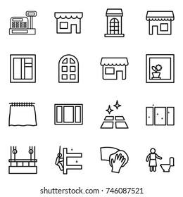 thin line icon set : cashbox, shop, building, window, arch, flower in, curtain, clean floor, skysrcapers cleaning, skyscrapers, wiping, toilet