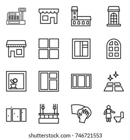thin line icon set : cashbox, shop, mansion, building, window, arch, flower in, clean floor, skysrcapers cleaning, wiping, toilet