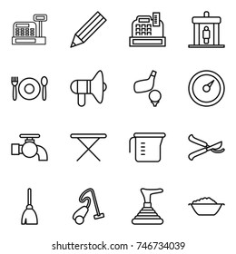 thin line icon set : cashbox, pencil, detector, cafe, loudspeaker, golf, barometer, water tap, iron board, measuring cup, pruner, broom, vacuum cleaner, plunger, foam basin