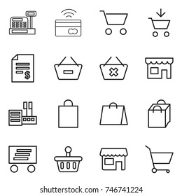 thin line icon set : cashbox, tap to pay, cart, add, account balance, remove from basket, delete, shop, store, shopping bag, delivery