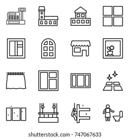thin line icon set : cashbox, mansion, cottage, window, arch, shop, flower in, curtain, clean floor, skysrcapers cleaning, skyscrapers, toilet