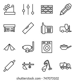 thin line icon set : cashbox, equalizer, brick wall, pencil, gas station, level, phone, fork loader, tent, diving mask, washing machine, pan, rolling pin, plow, vacuum cleaner, home call cleaning