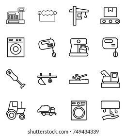 thin line icon set : cashbox, electrostatic, tower crane, transporter tape, washing machine, mixer, coffee maker, blender, plow, soil cutter, harvester, tractor, trash truck, hand dryer