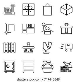 thin line icon set : cashbox, gift, shopping bag, box, cargo stoller, consolidated, sun potection, hi quality package, pallet, basket, broken, fast deliver, safe, rack, washing powder