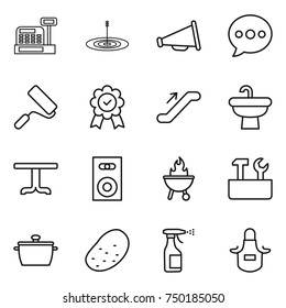 thin line icon set : cashbox, target, loudspeaker, balloon, repair, medal, escalator, sink, table, speaker, bbq, tools, pan, potato, sprayer, apron
