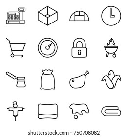 thin line icon set : cashbox, box, greenhouse, clock, cart, barometer, locked, bbq, turk, flour, chicken leg, corn, scarecrow, sponge, spot, towel