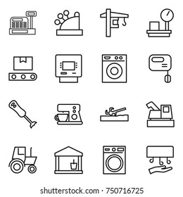 thin line icon set : cashbox, tower crane, warehouse scales, transporter tape, atm, washing machine, mixer, blender, coffee maker, soil cutter, harvester, tractor, utility room, hand dryer