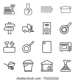 thin line icon set : cashbox, round flask, battery, electrostatic, singlepost, fork loader, speaker, pan, repair tools, cutting board, grill oven, wheelbarrow, foam bucket, utility room, plunger