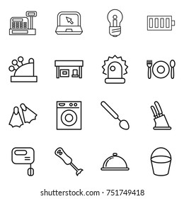 thin line icon set : cashbox, notebook, bulb, battery, gas station, alarm, cafe, flippers, washing machine, big spoon, knife holder, mixer, blender, meal cap, bucket
