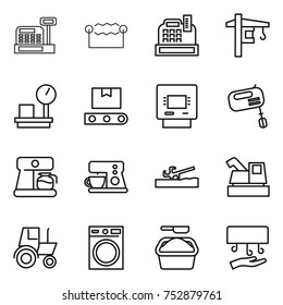 thin line icon set : cashbox, electrostatic, tower crane, warehouse scales, transporter tape, atm, mixer, coffee maker, soil cutter, harvester, tractor, washing machine, powder, hand dryer