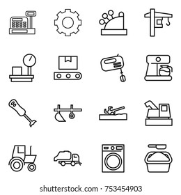 thin line icon set : cashbox, gear, tower crane, warehouse scales, transporter tape, mixer, coffee maker, blender, plow, soil cutter, harvester, tractor, trash truck, washing machine, powder