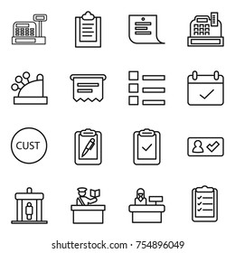 thin line icon set : cashbox, clipboard, shopping list, atm receipt, terms, customs, pen, check, in, detector, inspector, reception