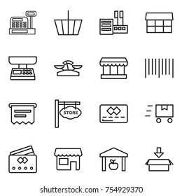 thin line icon set : cashbox, basket, store, market, scales, bar code, atm receipt, signboard, credit card, fast deliver, shop, warehouse, package