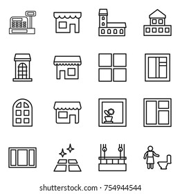 thin line icon set : cashbox, shop, mansion, cottage, building, window, arch, flower in, clean floor, skysrcapers cleaning, toilet