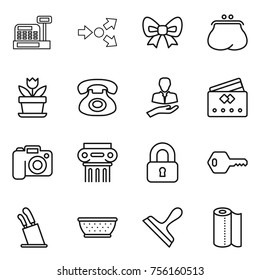Thin line icon set : cashbox, core splitting, bow, purse, flower, phone, client, credit card, camera, antique column, locked, key, stands for knives, colander, scraper, paper towel