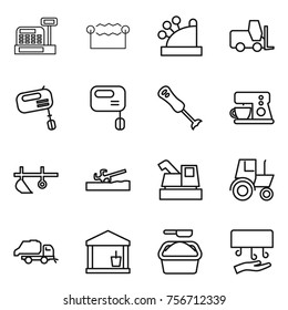 thin line icon set : cashbox, electrostatic, fork loader, mixer, blender, coffee maker, plow, soil cutter, harvester, tractor, trash truck, utility room, washing powder, hand dryer