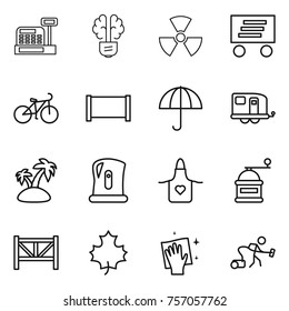 Thin line icon set : cashbox, bulb brain, nuclear, delivery, bike, fence, dry cargo, trailer, island, kettle, apron, hand mill, farm, maple leaf, wiping, vacuum cleaner